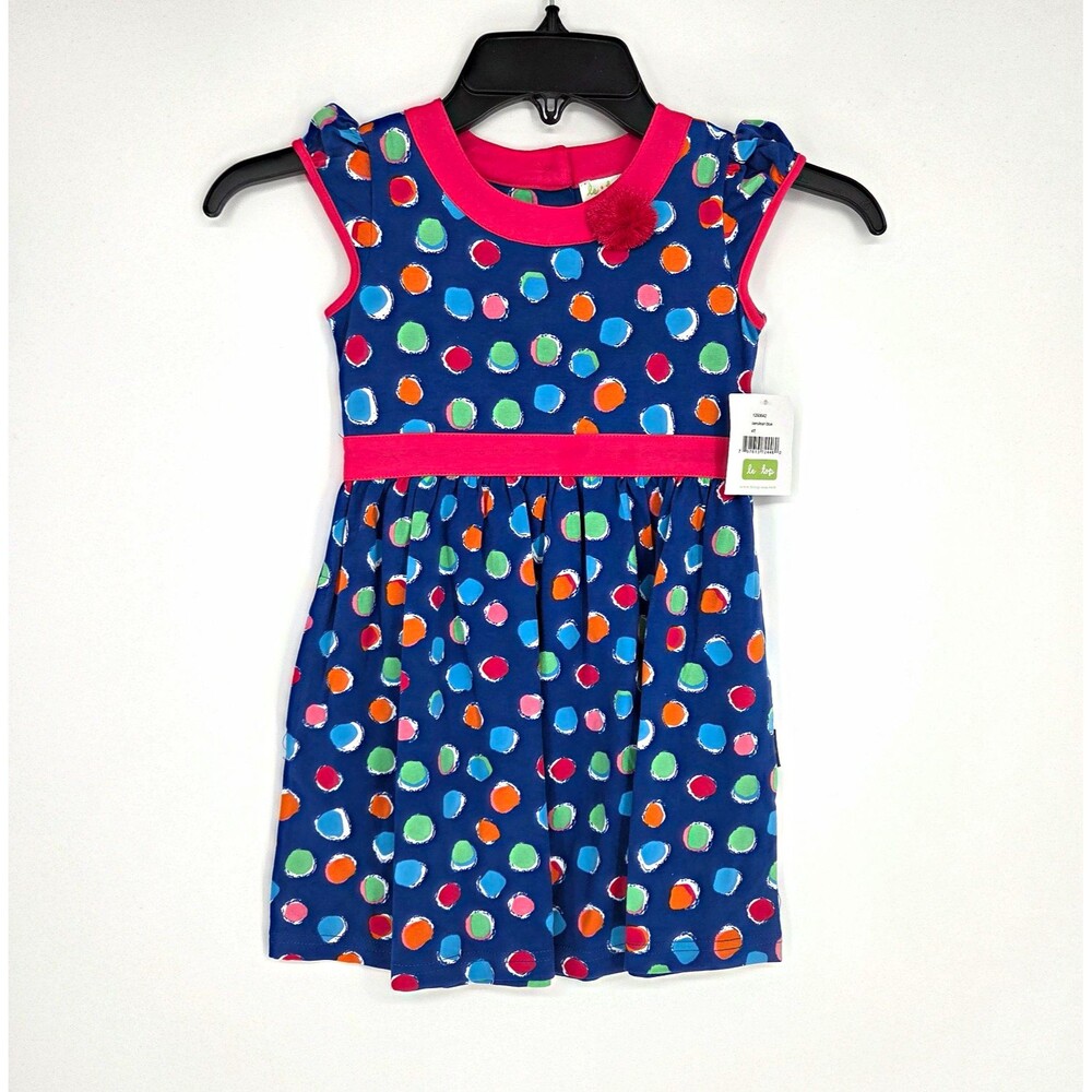 NWT Girls 4T A-Line Knee Dress Polka Dot Sleeveless Pom Pom Button Colorful